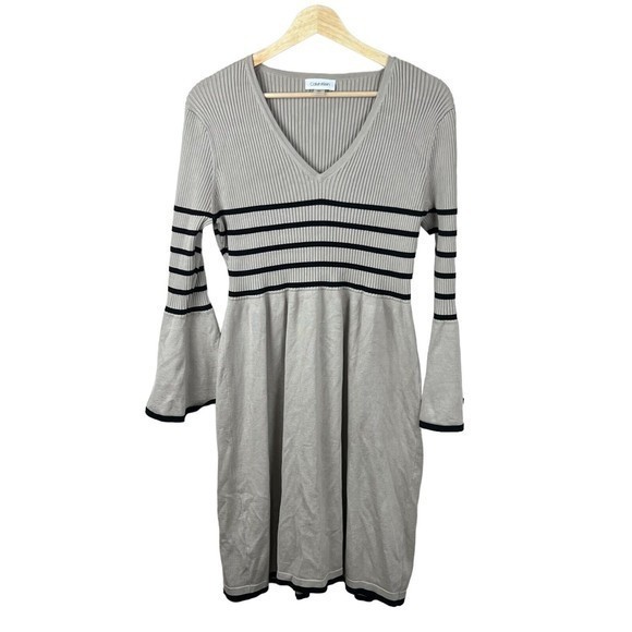 Calvin Klein Womens Tan Black Striped Bell Sleeve V Neck A-line Knit Dress Large - Picture 1 of 4